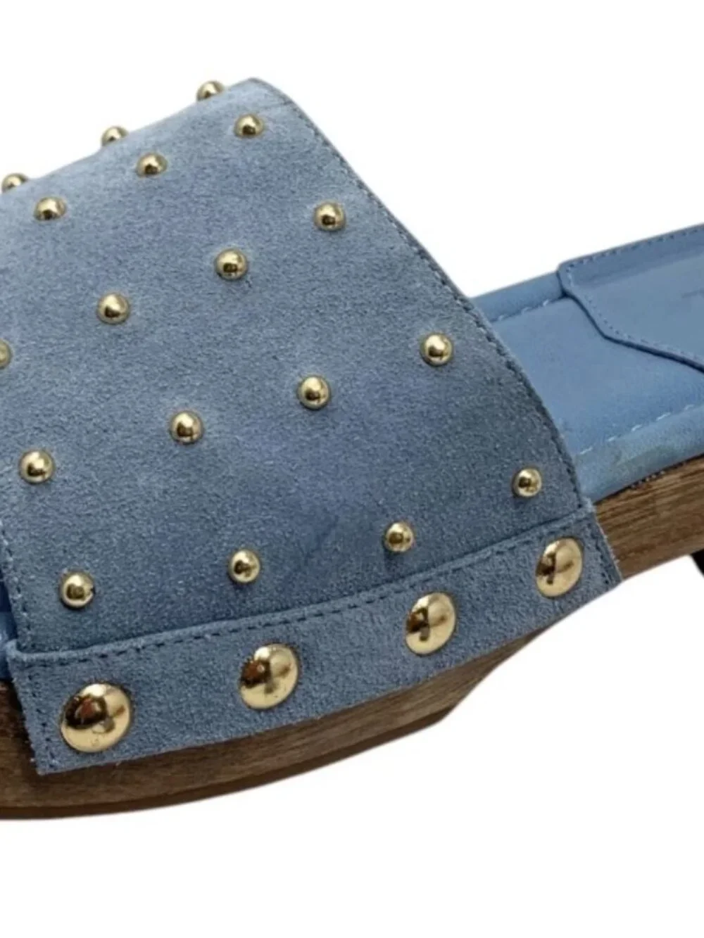 SCHUTZ Summer Jean Blue Suede Studded Wooden‎ Clog Slides